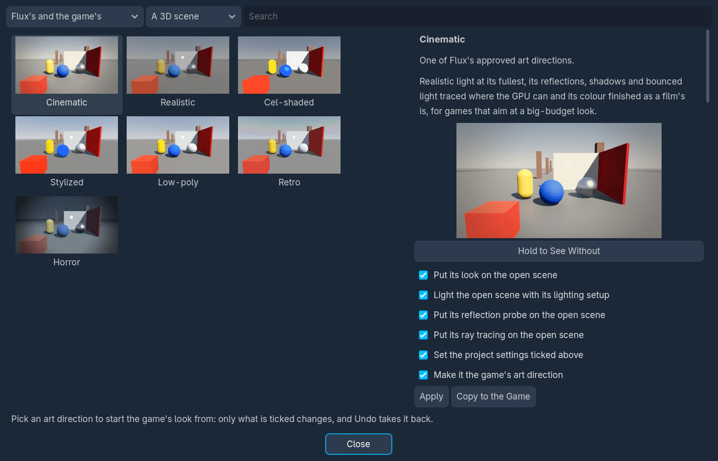 The Art Direction dialog in the Flux editor, build 4.7.2-flux-1.1.20, on a game made from the 3D template: Cinematic, Realistic, Cel-shaded, Stylized, Low-poly, Retro and Horror, each in a picture of the same scene, with Cinematic picked and its look, lighting setup, reflection probe and ray tracing ticked to put on the open scene.