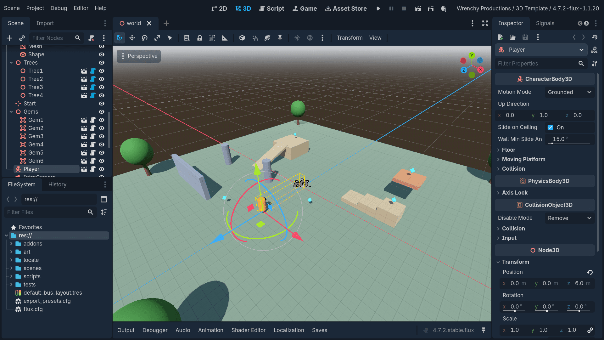 The Flux editor, build 4.7.2-flux-1.1.20, in Flux's navy and cyan: a game made from the 3D template, its world scene in the 3D view and the Player selected in the Inspector.