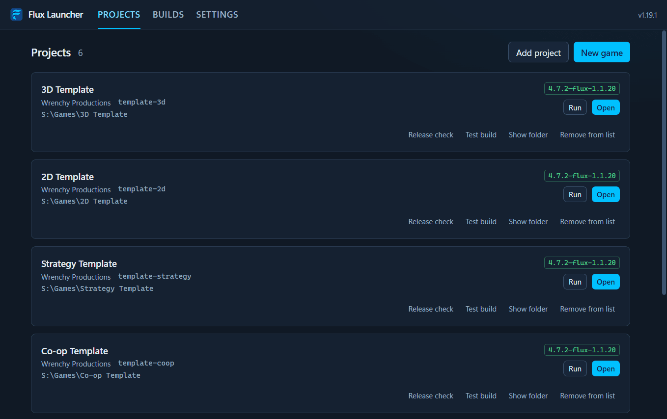 Flux Launcher 1.19.1 on its Projects page: template games by Wrenchy Productions, each pinned to 4.7.2-flux-1.1.20, with Run, Open, Release check and Test build beside each.
